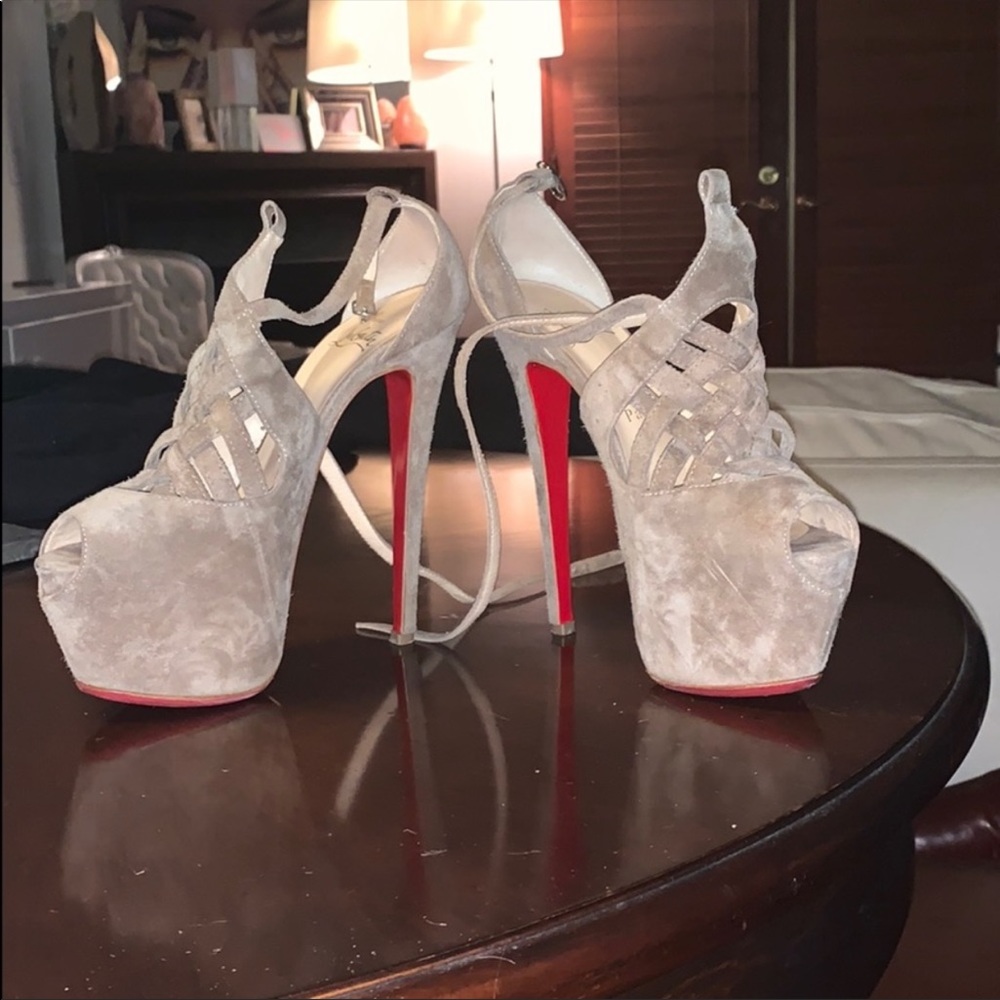 36 and a half LOUBS!! TAN SUEDE HEELS!